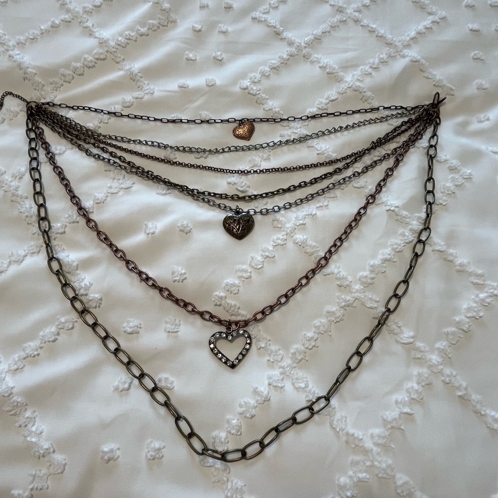 Mixed METAL vintage 7 layered heart pendant necklace. Hammered copper